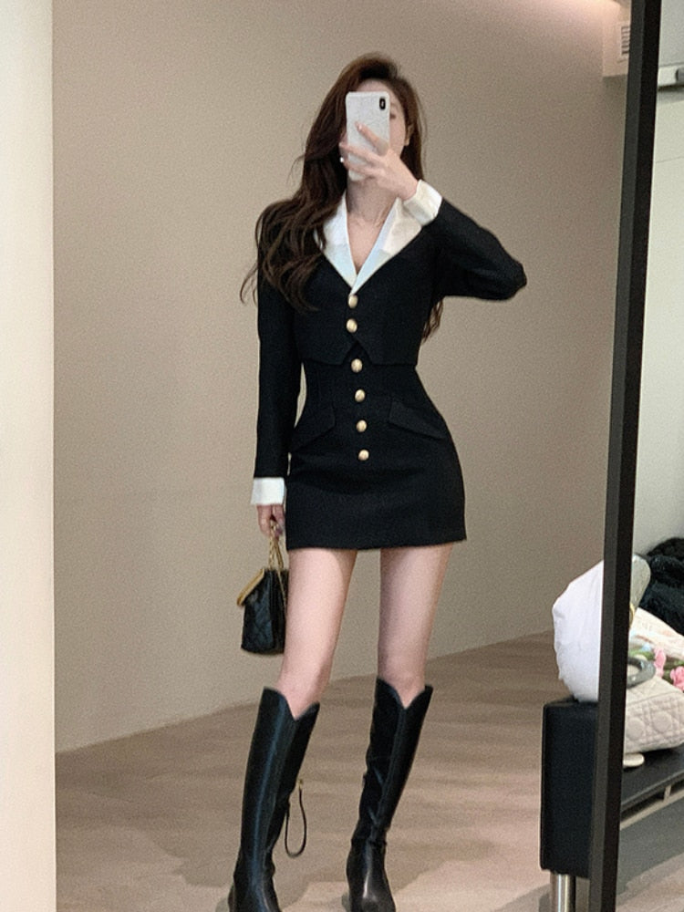 Black Y2k Mini Skirt Set Women Casual Korean 2 Piece Dress Set Crop Tops Jacket Tops + Short Skirts Elegant Suit Autumn New