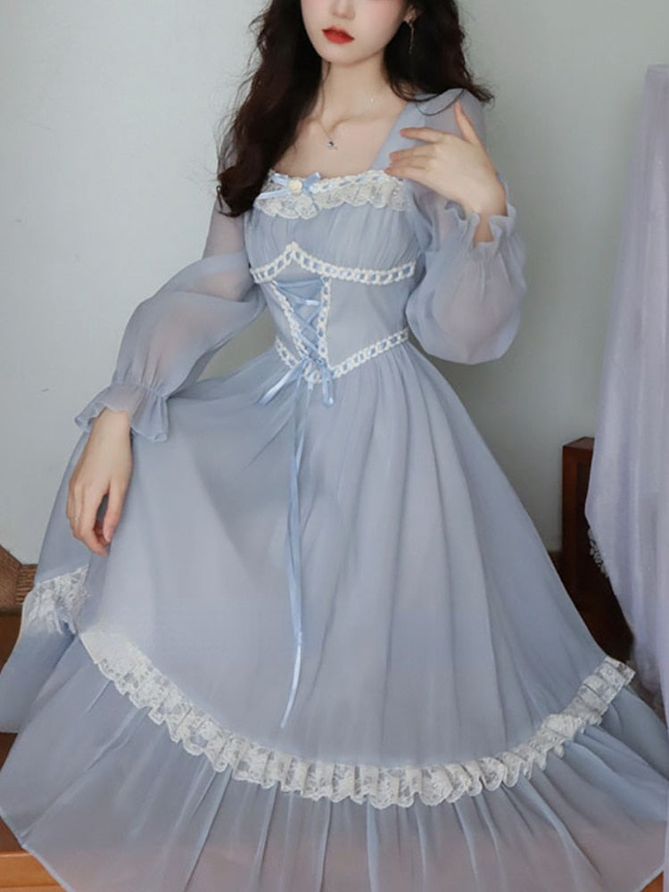 Summer Vintage Fairy Dress Women Bow Lace Korean Style Mid Dress Female Blue Lace Long Sleeves Elegant Party Dress Casual
