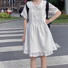 Kawaii White Lolita Dress Women Soft Girl Sweet Princess Ruffle Elegant Dresses Peter Pan Colalr Button Summer