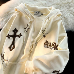 Gothic Embroidery Hoodies Women Retro Harajuku Hip Hop Jacket High Street Zip Up Hoodie Casual Loose Sweatshirt Clothes Y2K Tops