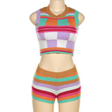 2Two Piece Set Knitted Multi-Color Stitching Women Slim O-neck Sleeveless Tank Tops+Stretchy Shorts Casual Suit Female