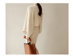 Korean New Fashion Knitted 2 Piece Set Twist Crochet Batwing Sleeve Loose Sweater Crop Top And Split Bodycon Skirt Women's Suits