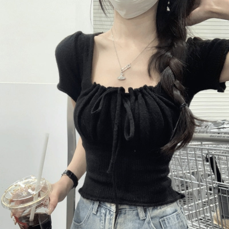 T-shirts Women Summer Soft Pure Chic Gentle Lace-up Desgined Square Collar Crop Tops Kawaii Short-sleeve Students Slim Knitwear