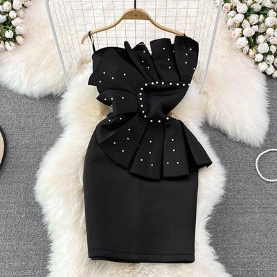Pbong mid size graduation outfit romantic style teen swag clean girl ideas 90s latina aesthetic Fashion Party Dresses For Women  Sleeveless Beaded Pleated Ruffles Strapless Sexy Bodycon White Dress Luxury Elegant Dress