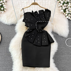 Pbong mid size graduation outfit romantic style teen swag clean girl ideas 90s latina aesthetic Fashion Party Dresses For Women  Sleeveless Beaded Pleated Ruffles Strapless Sexy Bodycon White Dress Luxury Elegant Dress
