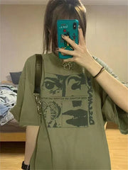 Y2K Grunge Graphic T-shirt Green Top Korean Fashion Harajuku Oversized Women Tees 90s Vintage Streetwear Aesthetic T Shirt