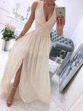 Elegant V Neck Sleeveless Maxi Dress Sexy Solid High Waist Pleated Party Long Dress Women Summer Chiffon Slim Slit Draped Dress