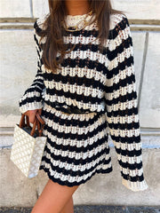 Black White Striped Knitted Short Dress Autumn Woman Hollow Out Crochet Dresses Female Fashion High Street Knit Mini Dress