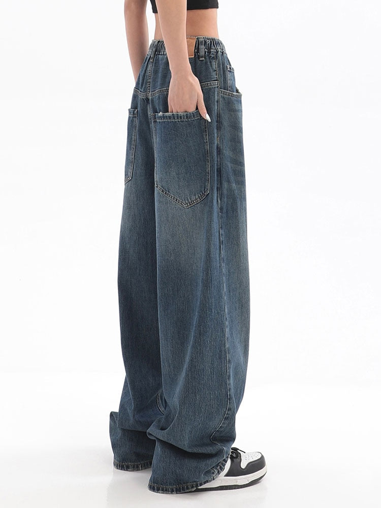 Women American Vintage Baggy Jeans Elastic Waist Oversized Long Trouser Denim Pant Wide Leg Streetwear Straight Basic Daily