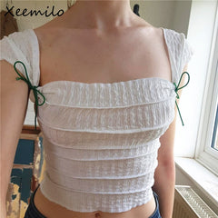 Y2K Cute Bow Lace Up Crop Top Aesthetic Texture Square-neck Sleeveless T Shirt Summer Women Streetwear Slim Tees