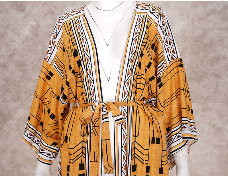 Pbong mid size graduation outfit romantic style teen swag clean girl ideas 90s latina aestheticBohemian Printed Bikini Cover-ups Elegant Self Belted Kimono Dress Tunic Women Plus Size Beach Wear Swim Suit Cover Up Q1228