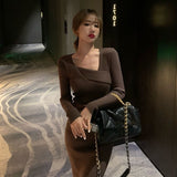 Vintage Knitted Dresses for Women Long Sleeve Sweater Elegant Party Female Office Lady Slim One-Piece Dress Korean Autumn