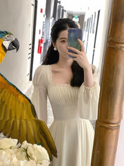 French Vintage Midi Dress Women Long Sleeve Pure Color Elegant Chiffon Dress Office Lady Lace One Piece Dress Korean  Spring