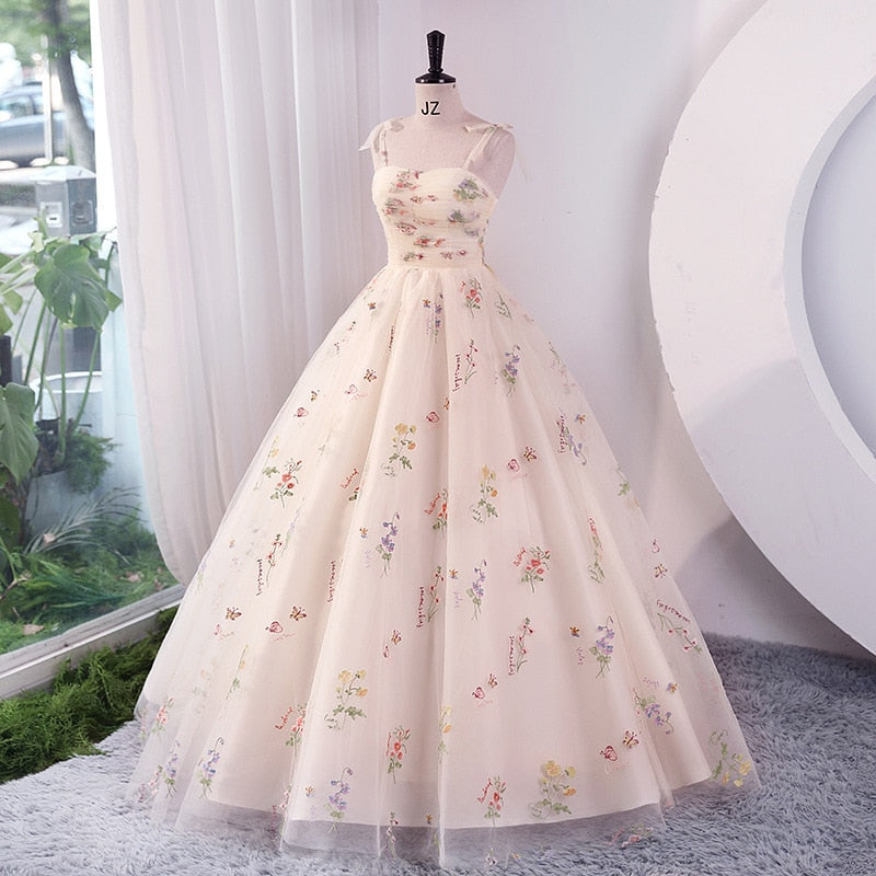 Luxury Floral Embroidery Long Prom Evening Dresses for Women Summer Elegant Suspender Mesh Party Formal Host Princess Dress