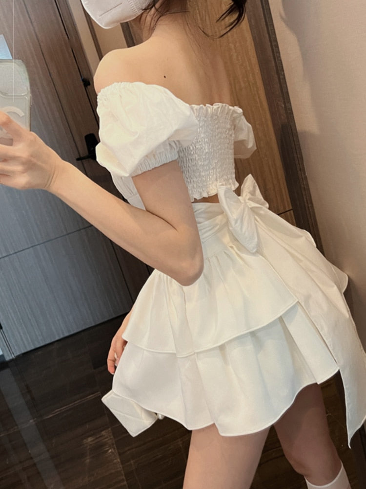 White Sexy Backless Mini Dress Women Korean Fashion Casual Elegant Party Dress Female Ruffle Kawaii Lolita Party Y2k Dress