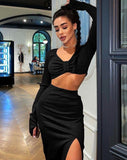 Elegant Solid Black 2 Pieces Set Women Outfit Long Sleeves Crop Top+High Waist Side Slit Skirts Matching Lady Streetwear