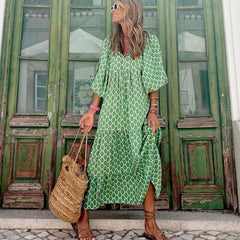 Pbong mid size graduation outfit romantic style teen swag clean girl ideas 90s latina aesthetic Bohemian Summer Dress Women Elegant Lantern Sleeve V Neck Loose Floral Print Beach Party Maxi Long Dresses Vacation Vestido