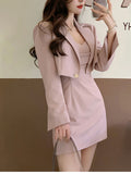 Autumn Pink Two Piece Dress Set Women Blazer Coat+Strap Dress Set Female Casual Korean Fashion Slim Elegant Dress Suit