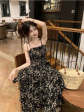 Y2k Korean Style One Piece Black Floral Dress Women Vintage Elegant One Piece High Waist Long Slip Fairy Dresses Summer