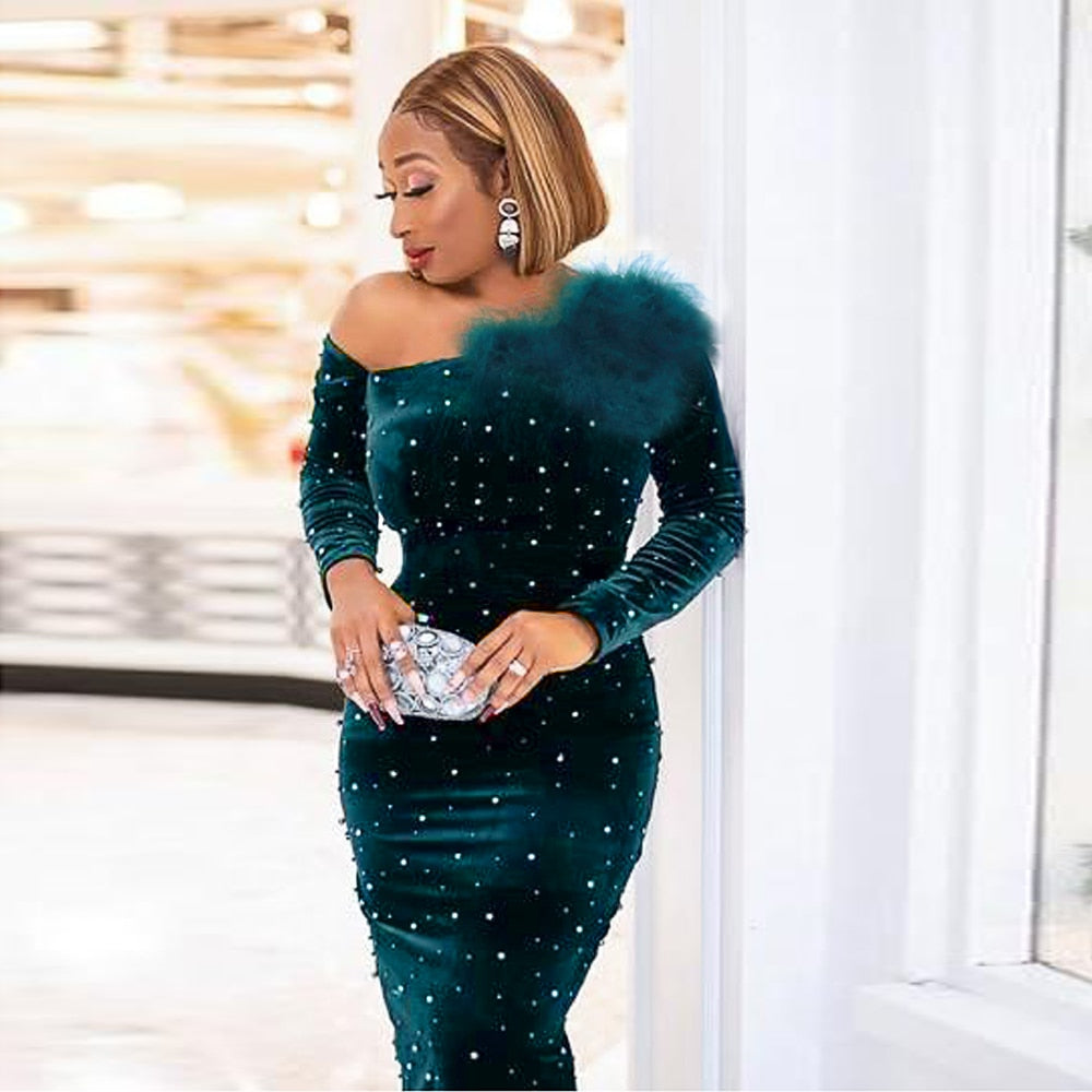 Bodycon Dress Women Green Christmas Party Velvet Winter Feather Shiny Sequin Evening Sheath Sexy Night Out Birthday Glitter Gown  Pbong mid size graduation outfit romantic style teen swag clean girl ideas 90s latina aesthetic