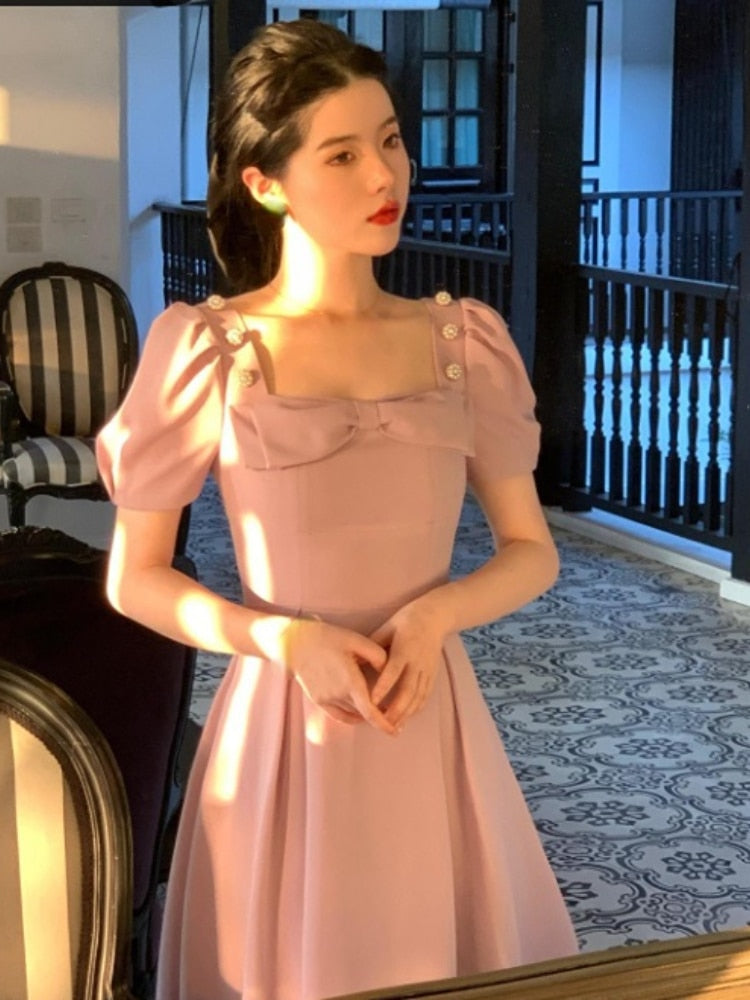 Summer Elegant Vintage Fairy Dress Women Bow Pink Sweet Party Midi Dress Casual Retro Korean Dress Female Puff Sleeve Slim