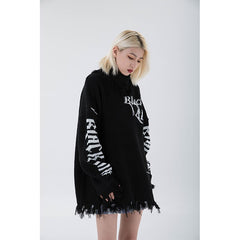 Women Street Black Knitting Sweater Letter Printing Round Neck Long Sleeves Casual Vintage High Street Baggy Tops Ladies Autumn