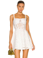 Summer Sexy Sleeveless Embroidery Hollow Out Mini Dress Women White Lace Straps High Waist  A-Line Dress Party Evening Sundress