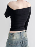 Casual Off Shoulder Top Black Skinny Basic Women's T-shirts Solid Slim Korean Fashion Gothic Tees Slash Neck Outfits