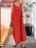 Summer New Long Version Sling Cotton Linen Simple Loose Pocket Round Neck Temperament Sleeveless Dress Women Dress for Women