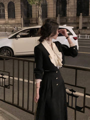 Elegant 2 Piece Dress Set Women Long Sleeve Crop Tops + Casual Black Midi Skirt Autumn Slim Retro Office Lady Korean Suits
