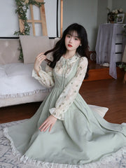 Green Elegant Vintage Strap Dress Women Spring Lace Evening Party Midi Dresses Ladies Retro Korean Sweet Kawaii Fairy Dress