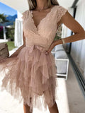 Pbong Women Elegant Turtleneck Lace Patchwork Party Dress Sexy Sleeveless Ladies Summer Mesh Ruffle Dress Cute Princess Lace-Up Dress