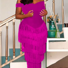 Pbong mid size graduation outfit romantic style teen swag clean girl ideas 90s latina aestheticWomen Dresses Blue Tassels Fringe Sexy Party Off Shoulder Sleevless Elegant Bodycon Long Cocktail Birthday Outfits Celebrate New