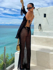 Black Knitted Beach Dress Sexy Backless See Through Slim Maxi Dress Summer Elegant Long Sleeve Holidays Club Party Beachwear