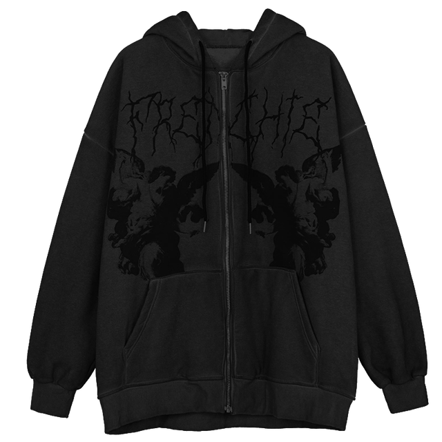Hip Hop Streetwear Women Angel Dark Print Harajuku Hooded Jacket Sweatshirts  Autumn Punk Zipper Y2k Tops Coat Goth Outwear