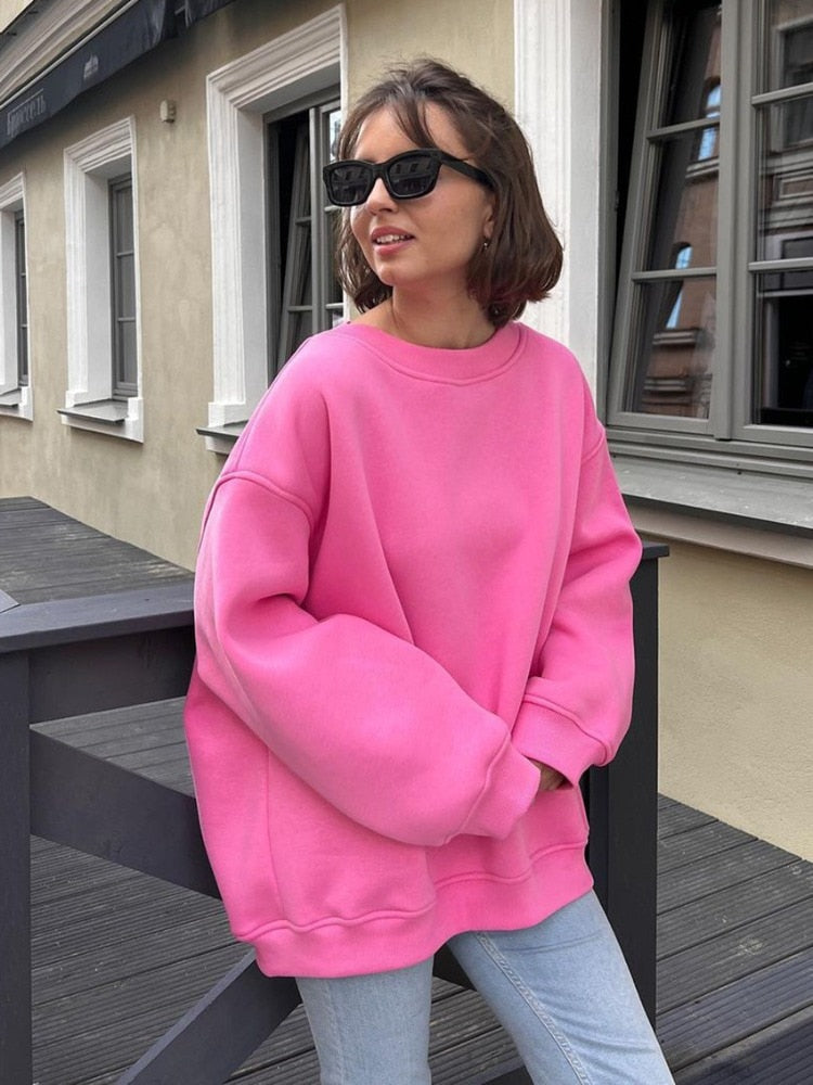 Causal Solid Women Sweatshirt Autumn Fashion Long Sleeve O-neck Pullovers Vintage Oversized Thick Hoodies Y2k Streetwear