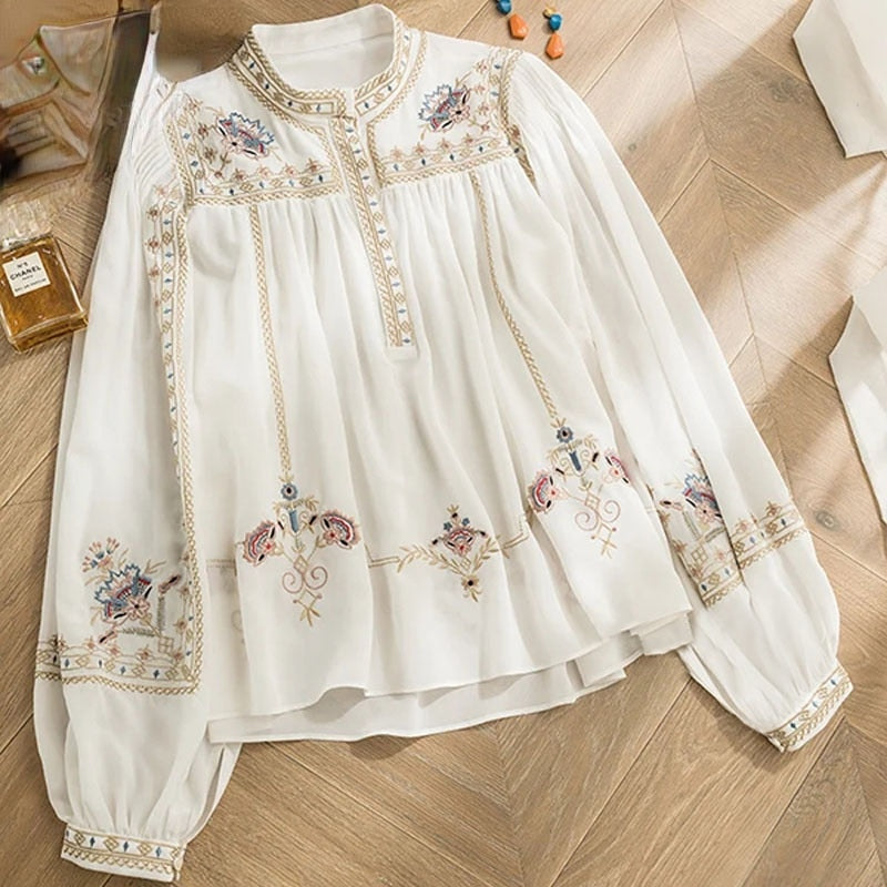 Lace Embroidery White Women Shirts Summer New O-Neck Long-Sleeved Loose Elegant Office Lady Outwear Tops