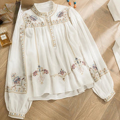 Lace Embroidery White Women Shirts Summer New O-Neck Long-Sleeved Loose Elegant Office Lady Outwear Tops