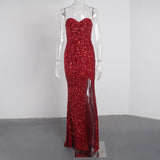 Sexy Split Sleeveless Stretch Sparkle Sequin Floor Length Party Dress Strapless Padded Bodycon Mermaid Maxi Dress Black