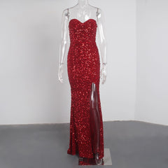 Sexy Split Sleeveless Stretch Sparkle Sequin Floor Length Party Dress Strapless Padded Bodycon Mermaid Maxi Dress Black