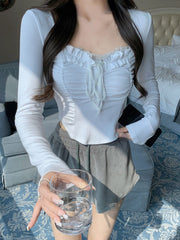 Spring Basic Lace Y2k Crop Tops Woman Slim Pure Color Korean T-shirt Office Lady Casual Fashion Clothing Female Design