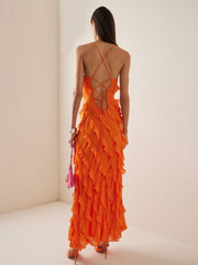 Elegant Pretty Women's Long Dresses Summer Solid Strapless High Waist Backless Ruffles Bandage Formal Evening Party Dress