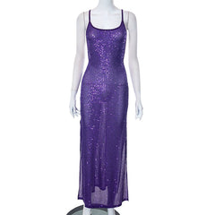 Luxury Sequins Backless Purple Summer Dress Women Sexy Sleeveless Two Sides Slit See-through Evening Party Formal Dresses