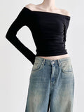 Casual Off Shoulder Top Black Skinny Basic Women's T-shirts Solid Slim Korean Fashion Gothic Tees Slash Neck Outfits