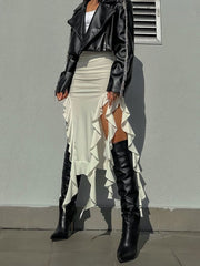 Tassel Summer Female Long Skirt Ruffled High Waist Broken High Split Fashion Pleated Sexy Solid Patchwork Maxi Skirt