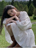 Elegant Hollow-out White Dresses For Women Simmer New Lantern Sleeve With Belt Mini Dress French Style Shirt Vestidos