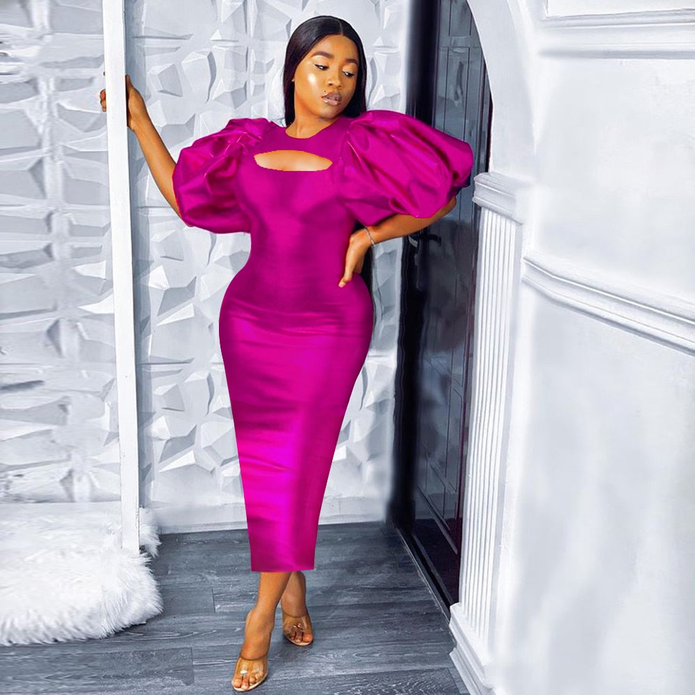 Women Long Dresses Party Sexy Short Lantern Sleeve Cut Out Chest Bodycon Shiny O Neck Summer Fashion Gowns Event Birthday Robes Pbong mid size graduation outfit romantic style teen swag clean girl ideas 90s latina aesthetic
