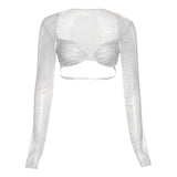 Y2K Sexy Zebra Print Gothic Top T-Shirts Women Mesh See Through Long Sleeve Bandage Crop Tops Summer Tees Streetwear