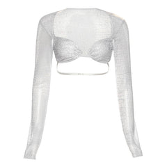 Y2K Sexy Zebra Print Gothic Top T-Shirts Women Mesh See Through Long Sleeve Bandage Crop Tops Summer Tees Streetwear