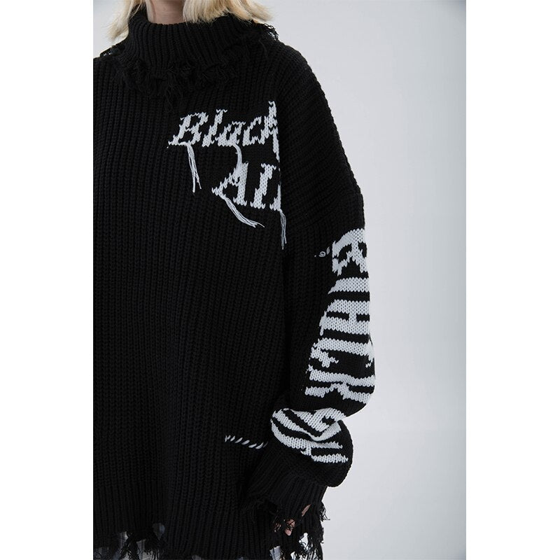 Women Street Black Knitting Sweater Letter Printing Round Neck Long Sleeves Casual Vintage High Street Baggy Tops Ladies Autumn